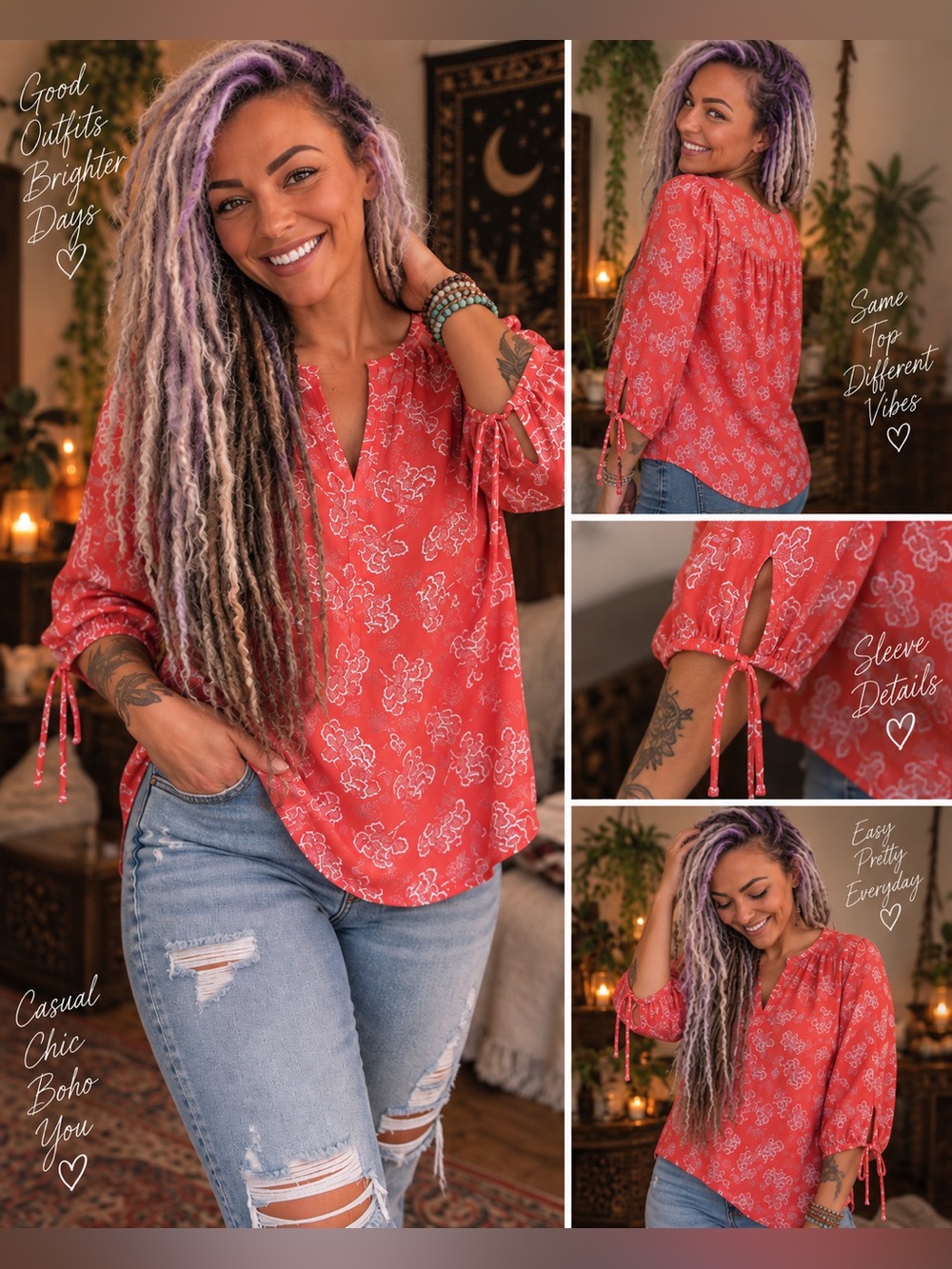 Collective Concepts Coral Floral Tie-Cuff Split Neck Blouse